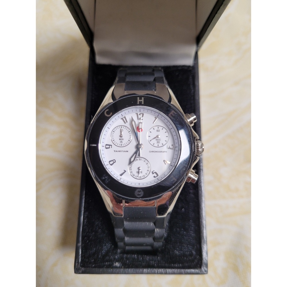 Michele‎ Tahitian Womens Quartz Watch White Dial Sporty Black Silicone MW12D00